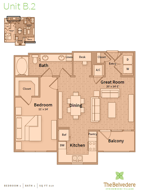 Floor plan for 1 bed, 1 bath, 819 sqft